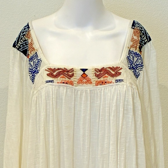 Free People Free Bird Embroidered Hi Lo Peasant Top Sz L Flowy Boho Renaissance‎ - Picture 2 of 13